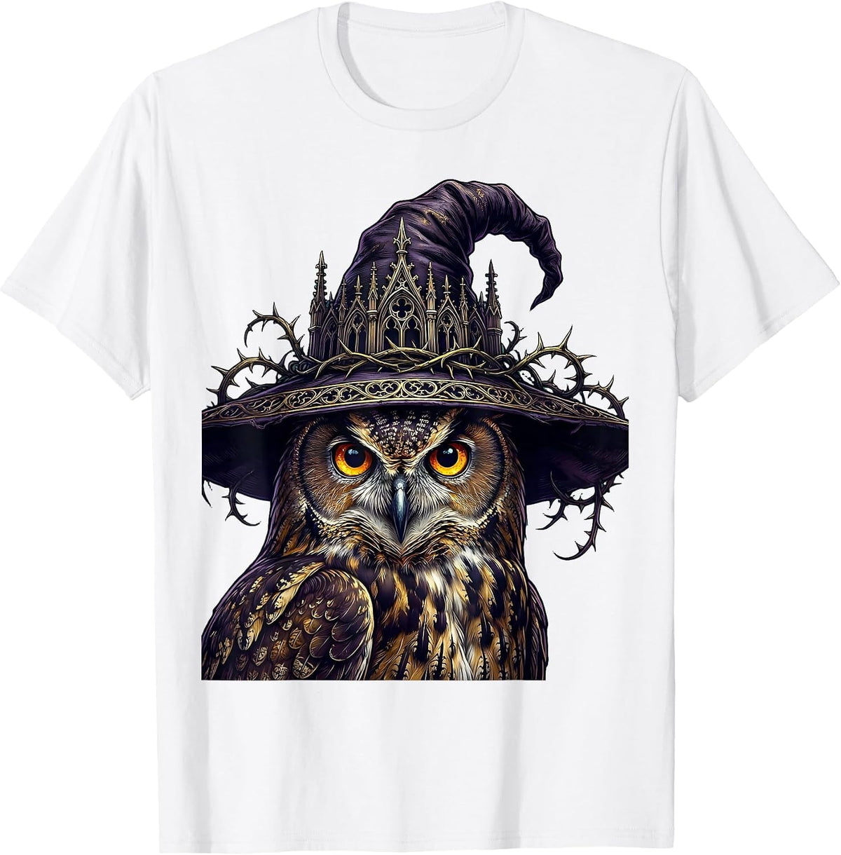 Men's Glowing Eyes Owl In Witch Hat Halloween Design T-Shirt - White