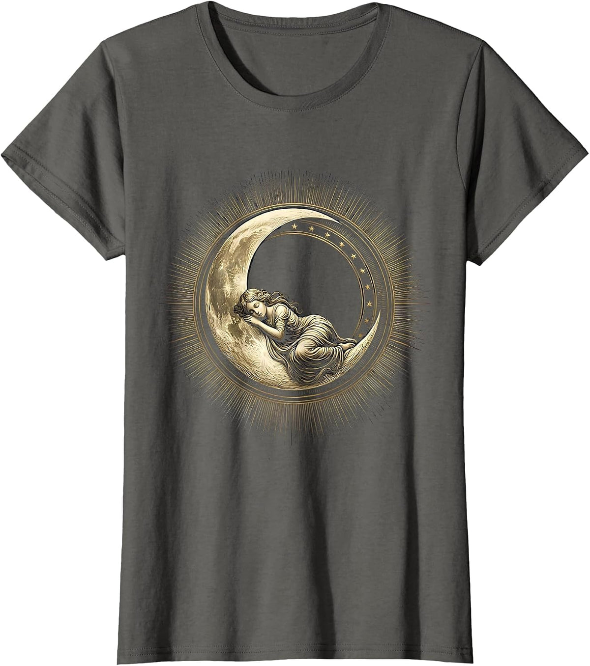 Women's Crescent Moon Sleeping Woman Celestial Art T-Shirt - Asphalt Grey