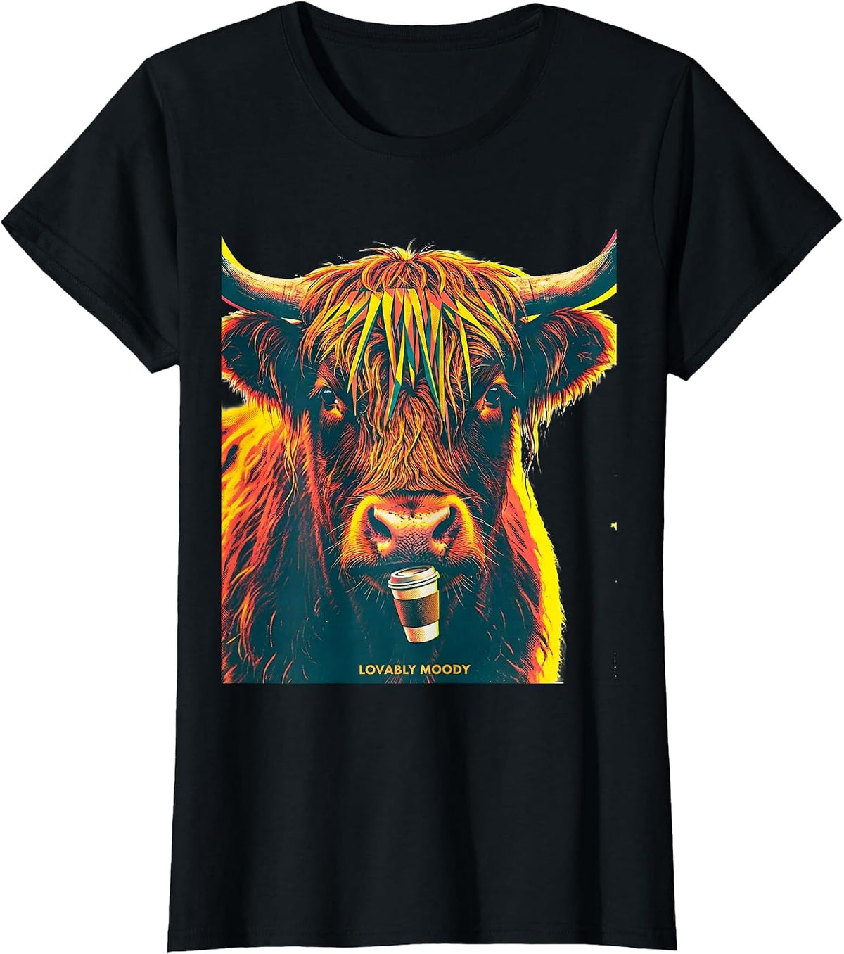 Lovably Moody Highland Cow Funny Cute Coffee Lover Graphic T-Shirt - Black