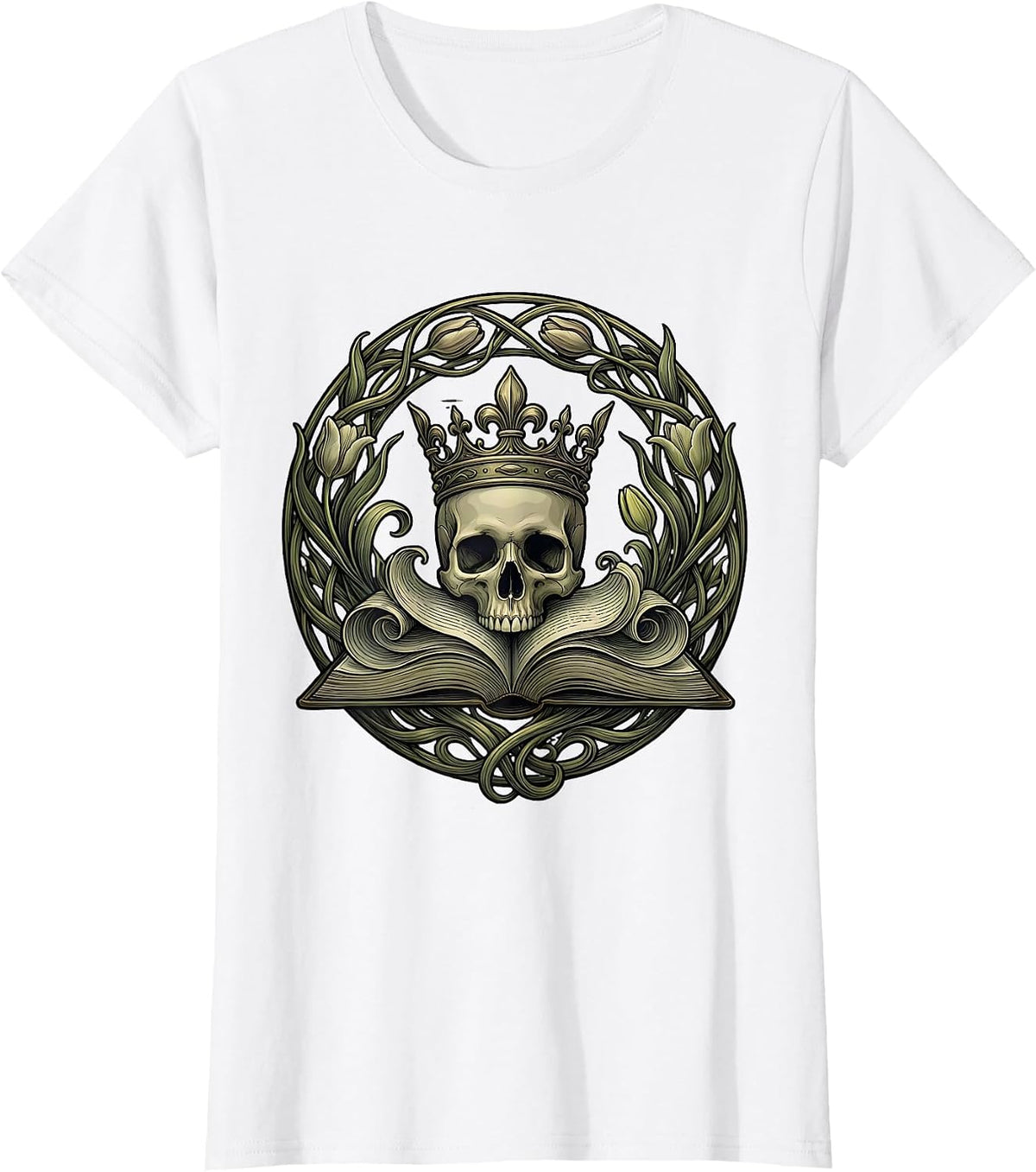 Renaissance Crowned Skull Open Book Graphic T-Shirt - White