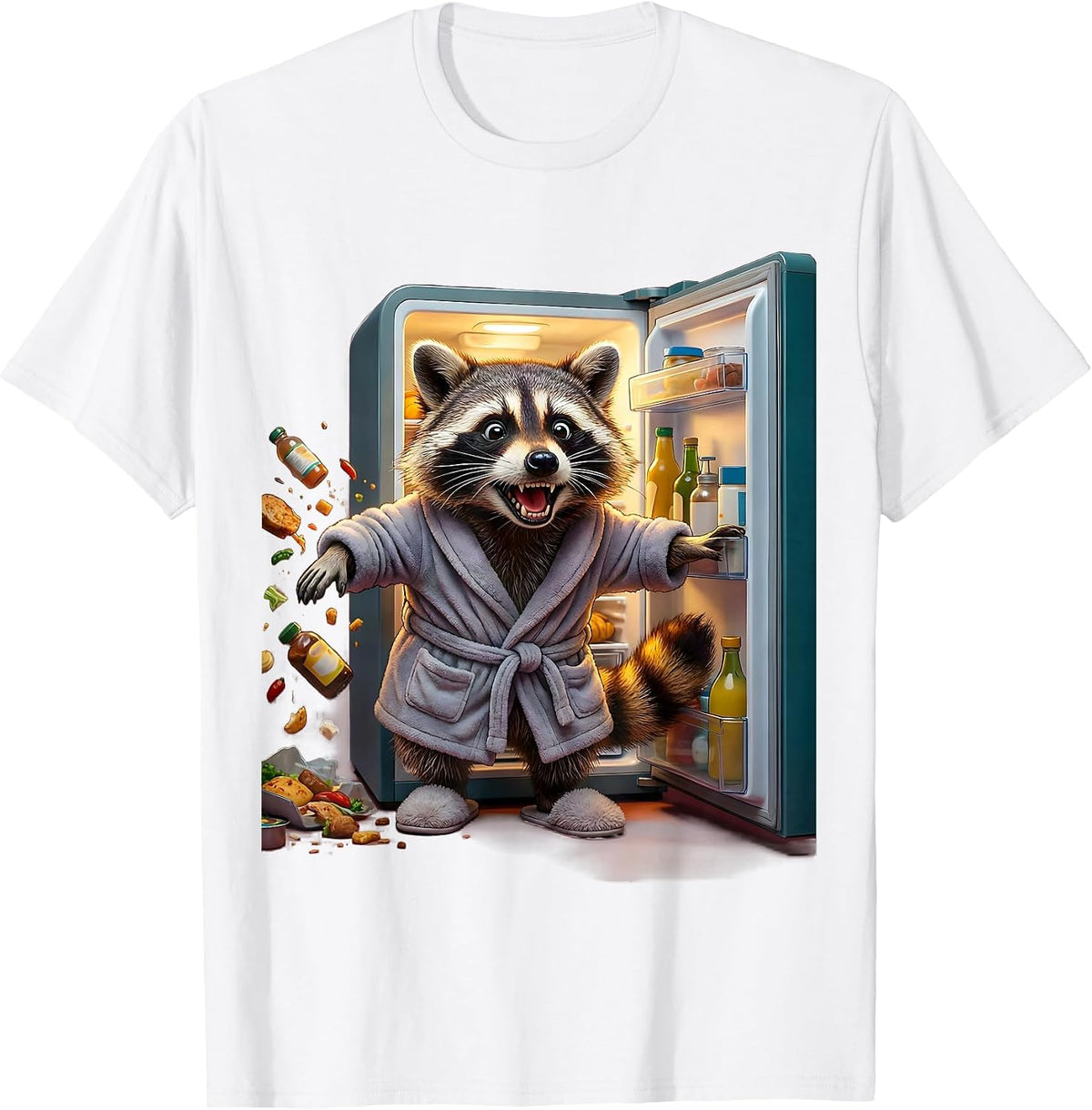 Raccoon Midnight Fridge Raid Funny Illustration T-Shirt - White