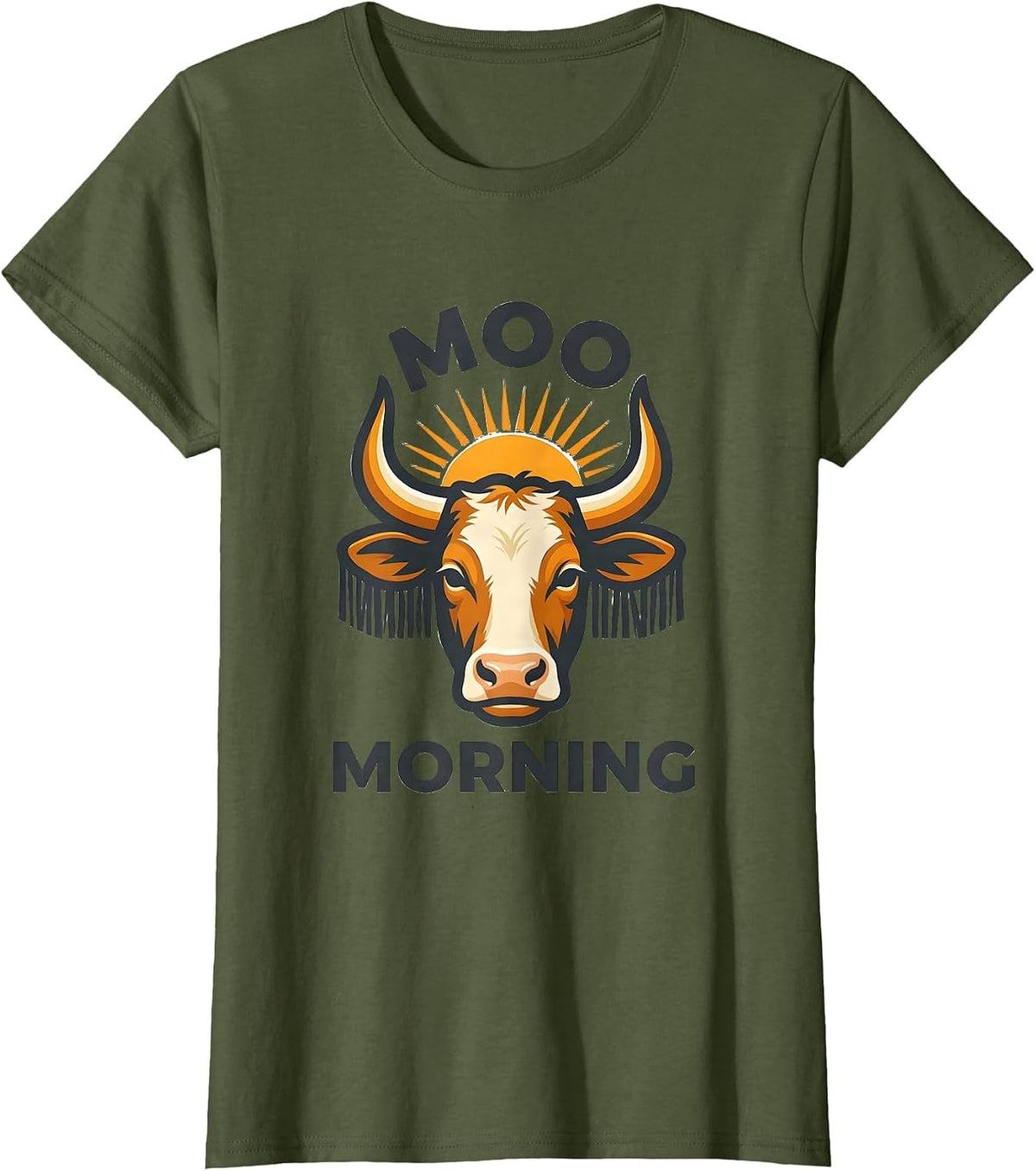 Women's Moo Morning Funny Cow Lover Novelty Graphic T-Shirt - Olive Green