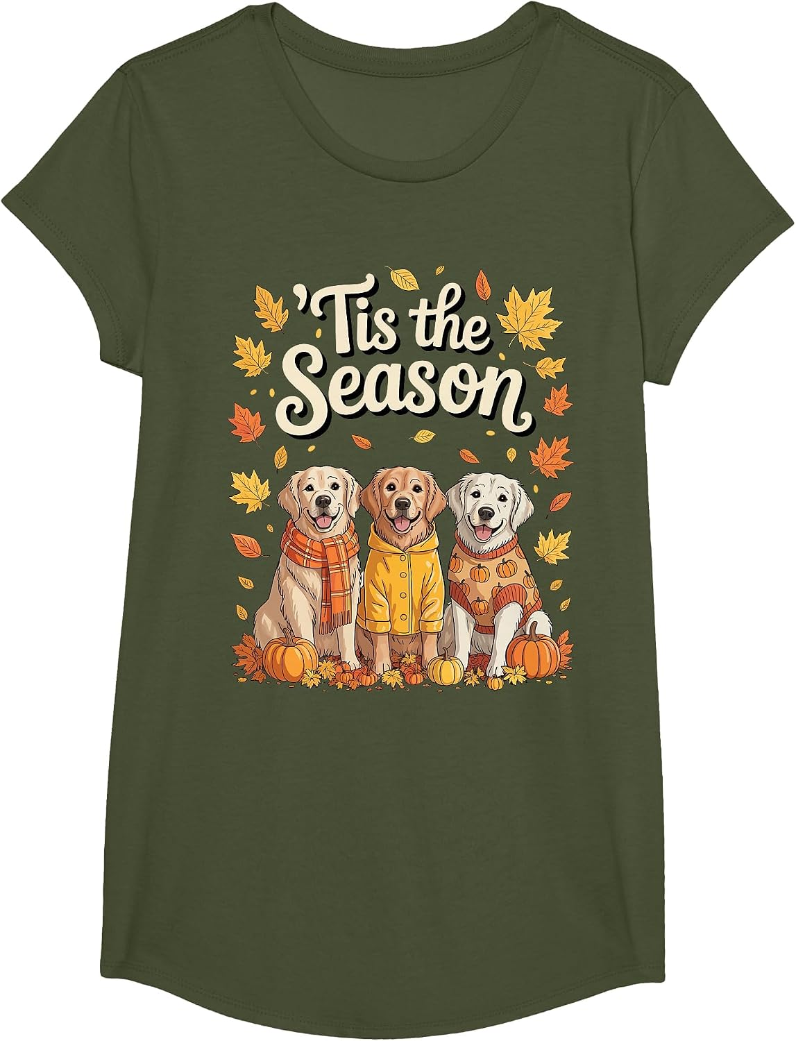 Tis The Season Golden Retriever Fall Autumn Pumpkin Dog T-Shirt - Girls Olive Green