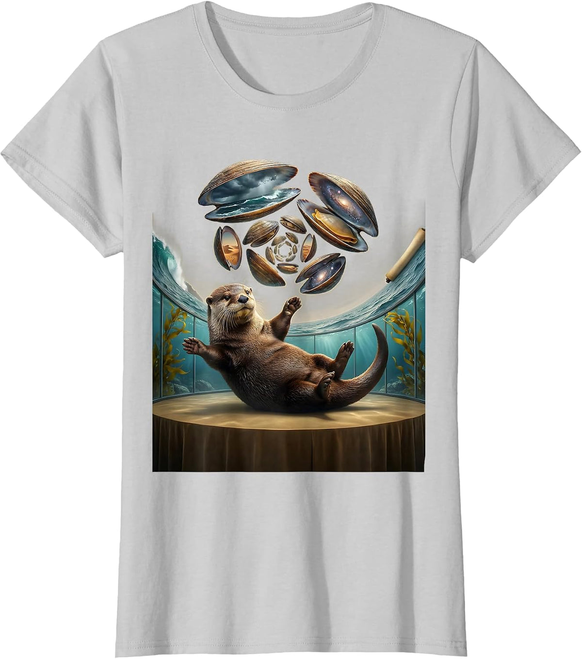 Funny Otter Juggling Clams on Its Belly T-Shirt - Silver Grey
