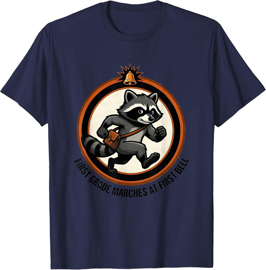 First Grade Marches At First Bell Funny Teacher Mascot Logo T-Shirt - Navy Blue
