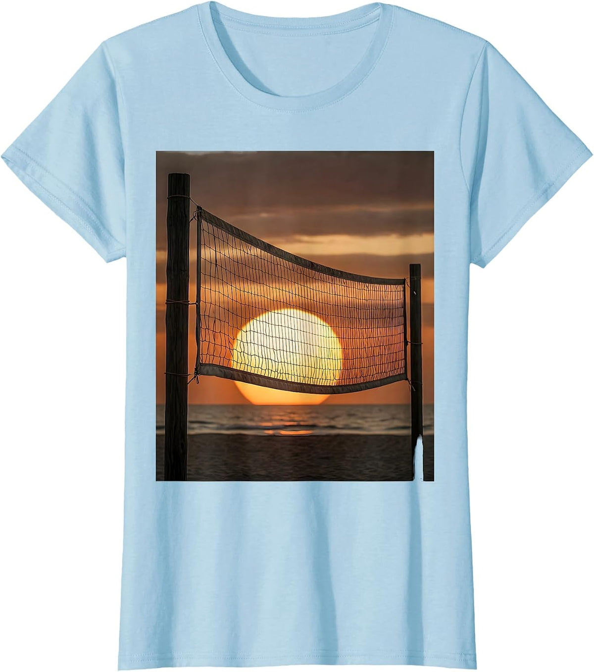 Women's Volleyball Mom Sunset Net Horizon Graphic T-Shirt - Baby Blue