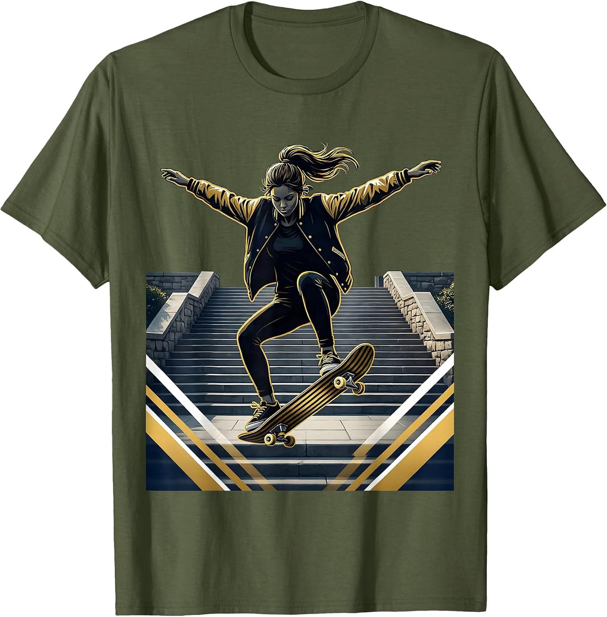 Men's Skateboarder Campus Steps College Graphic T-Shirt - Olive Green