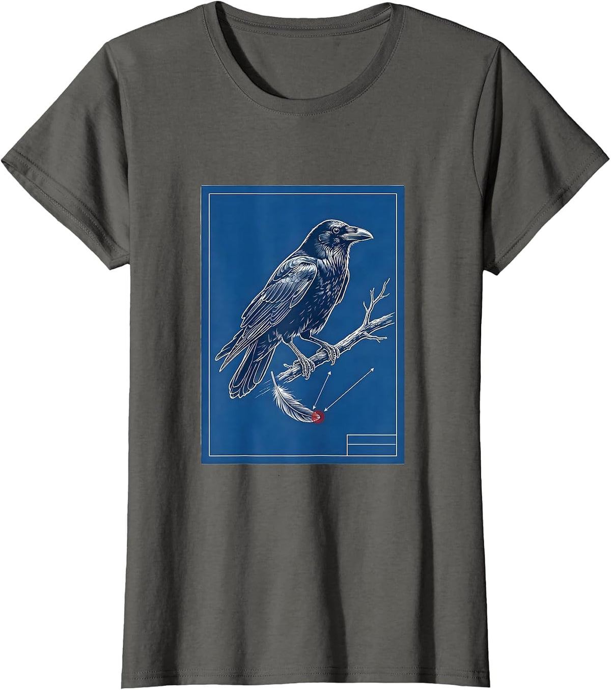 Women's Perched Crow Technical Blueprint Dark Humor Gothic T-Shirt - Asphalt Grey