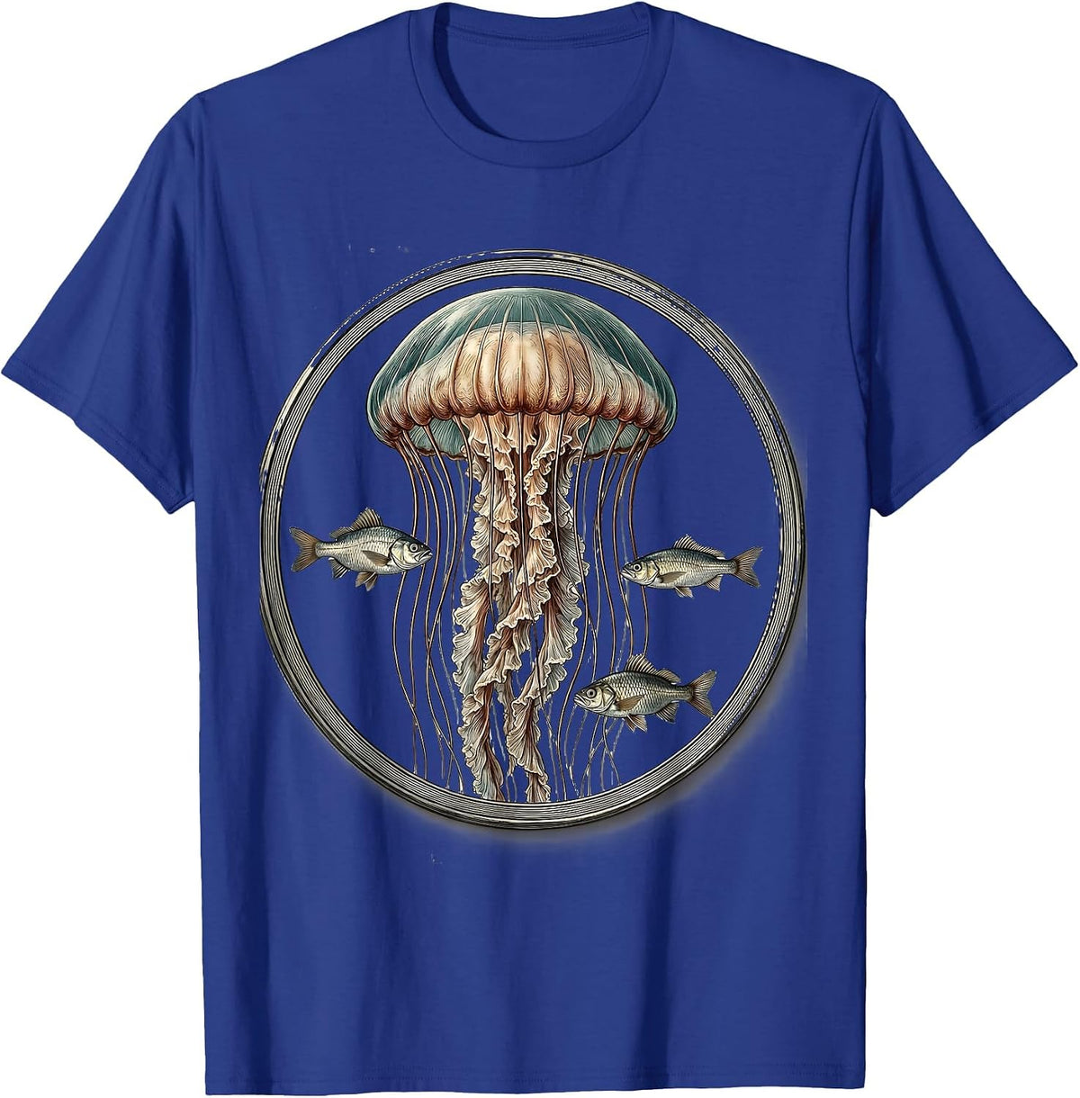 Glowing Jellyfish and Tiny Fish Ocean Design T-Shirt - Royal Blue