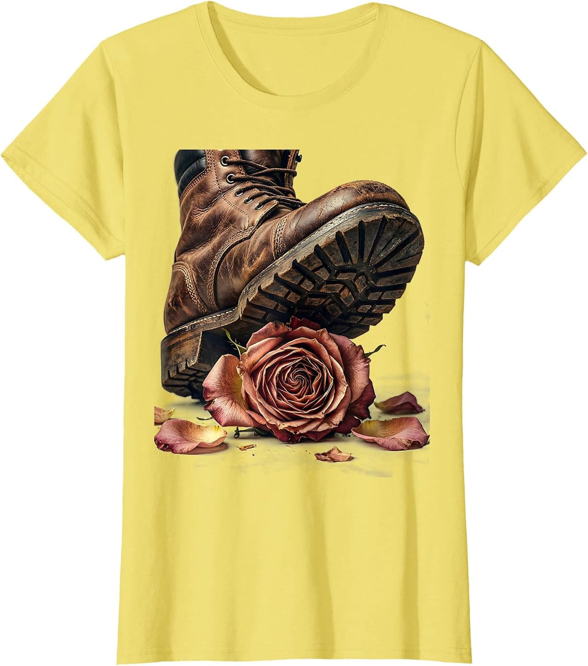 Grunge Boot Crushing Rose Graphic Design T-Shirt - Lemon Yellow