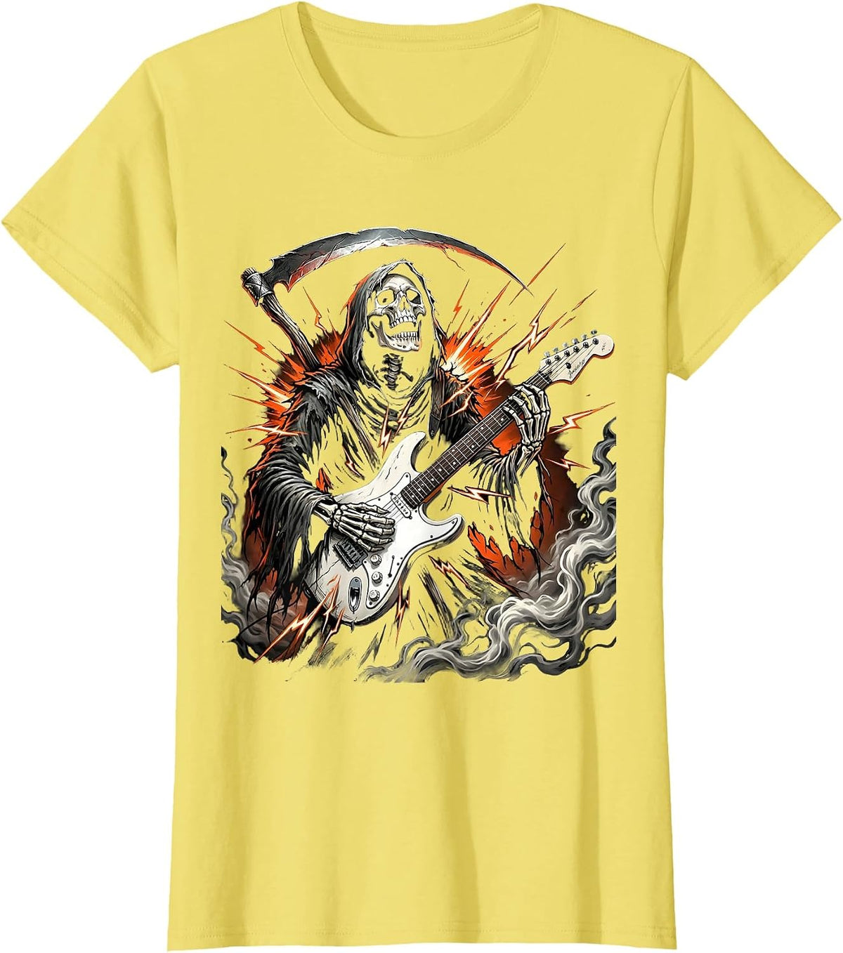 Grim Reaper Electric Guitar Halloween Graphic T-Shirt - Lemon Yellow