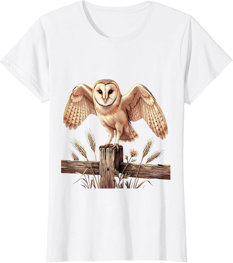Women's Barn Owl Perched on Fence Post Illustration T-Shirt - White