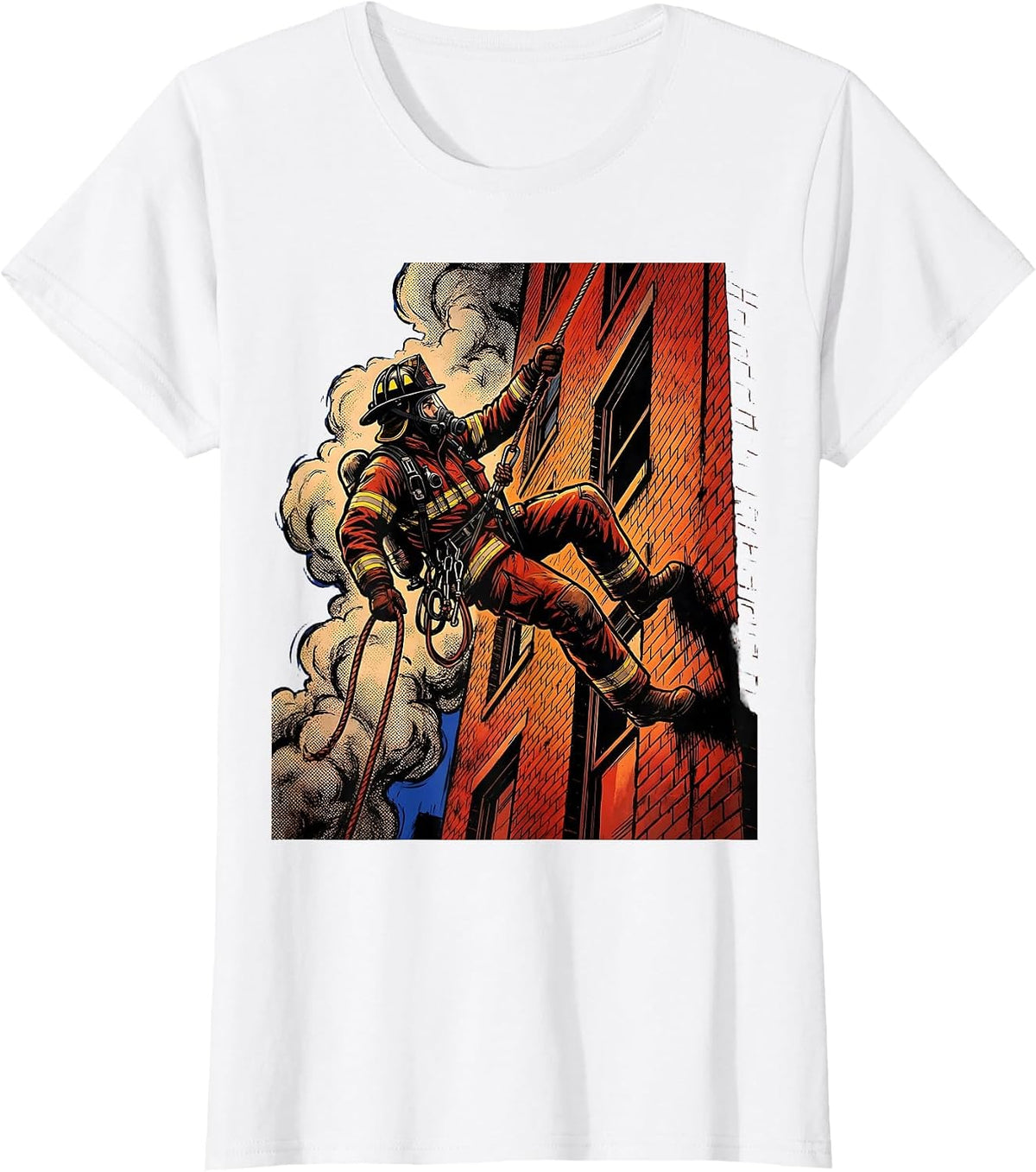 Firefighter Rappelling Smoke-Filled Building Graphic T-Shirt - White