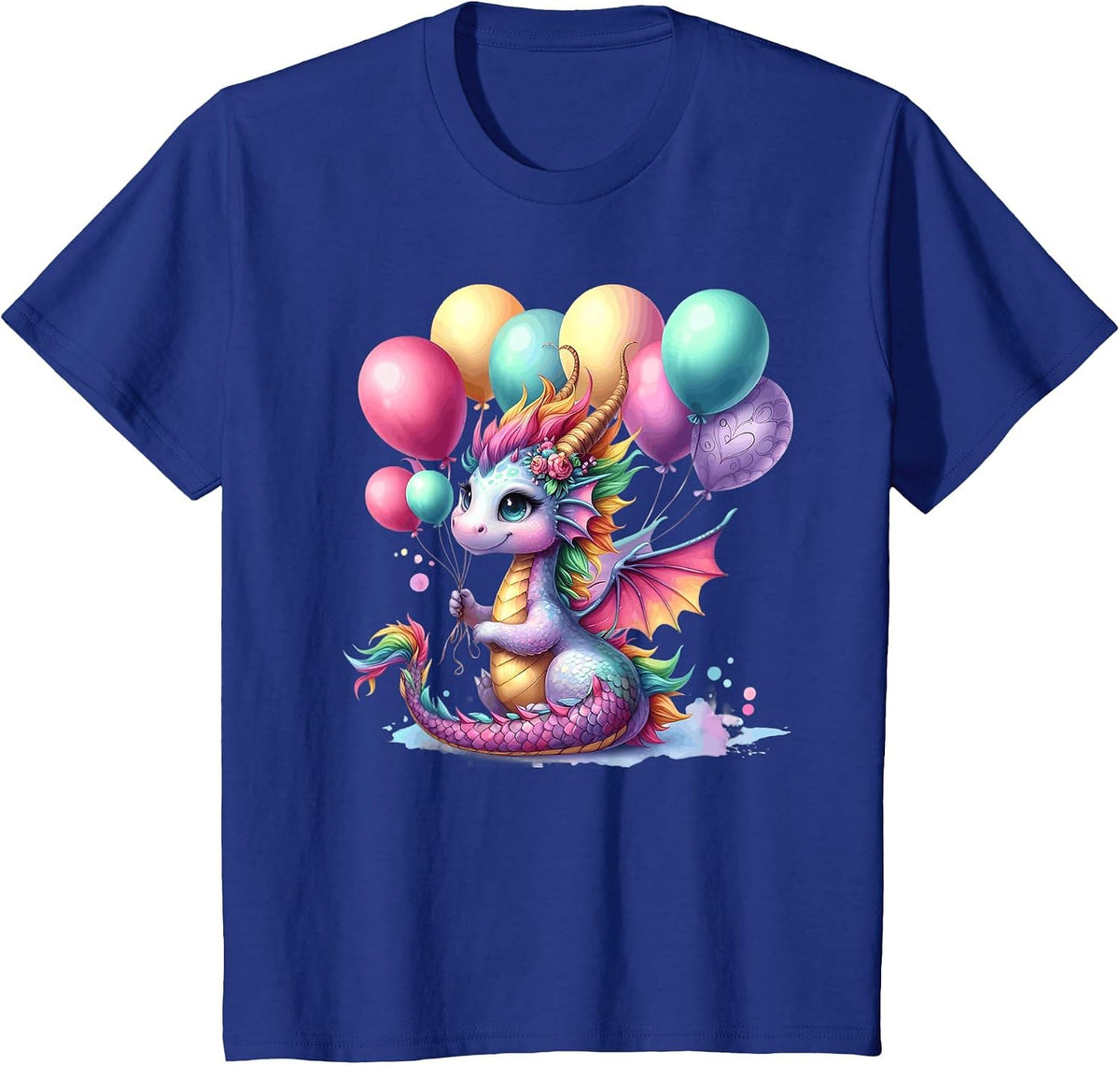 Happy Dragon Pastel Birthday Balloons Magical Party Theme T-Shirt - Royal Blue