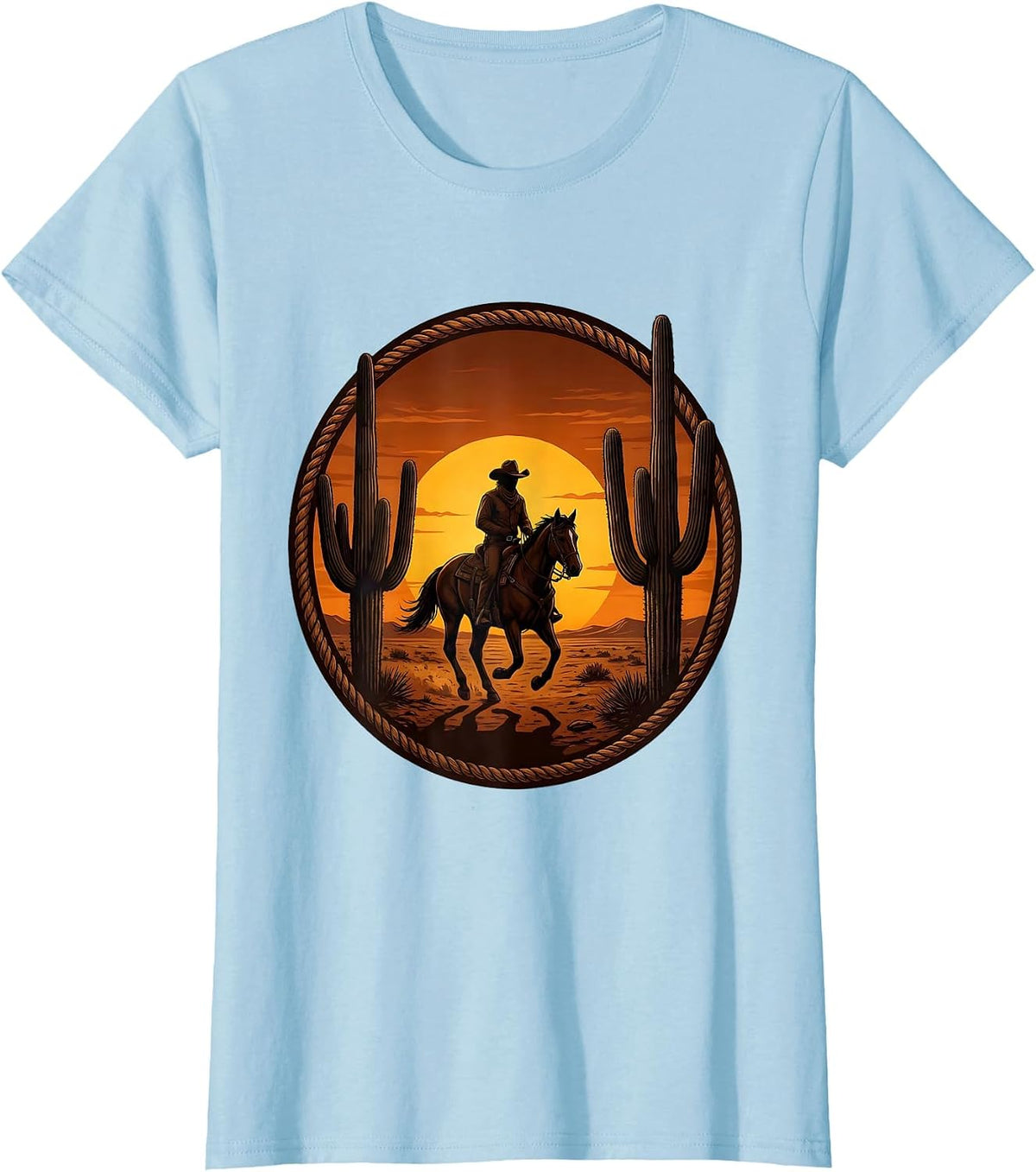 Cowboy Riding Horse Cactus Sunset Silhouette T-Shirt - Baby Blue