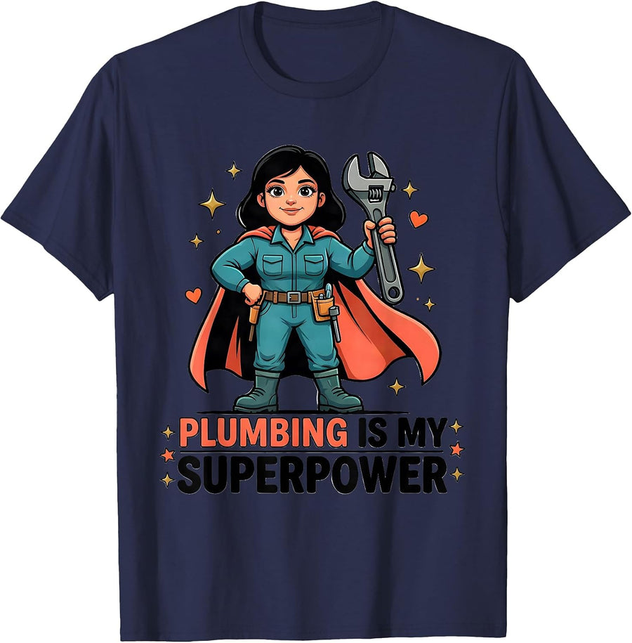 PLUMBING IS MY SUPERPOWER Cartoon Woman Plumber Hero Pride T-Shirt - Navy Blue