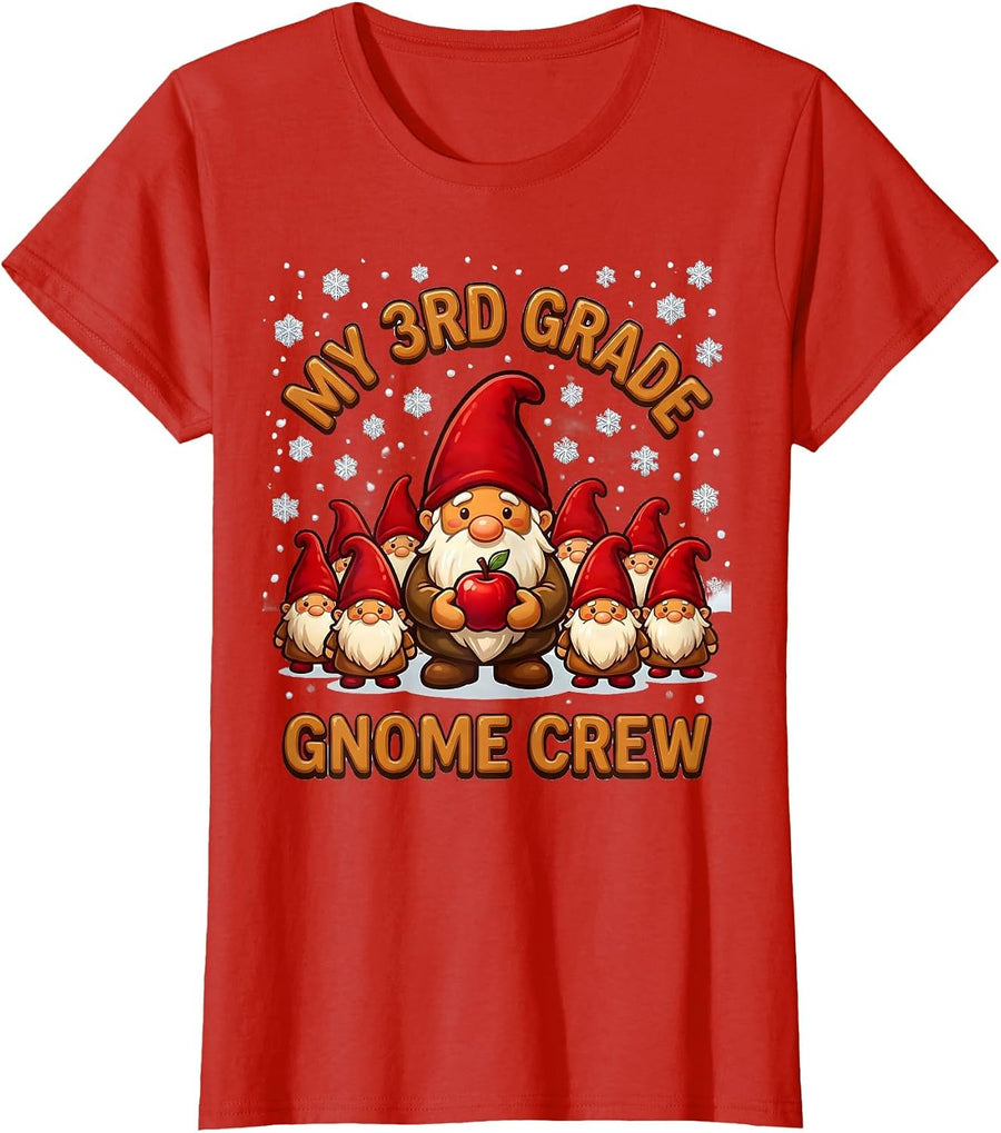 Women's My 3rd Grade Gnome Crew Cute Playful Christmas Teacher T-Shirt - Red
