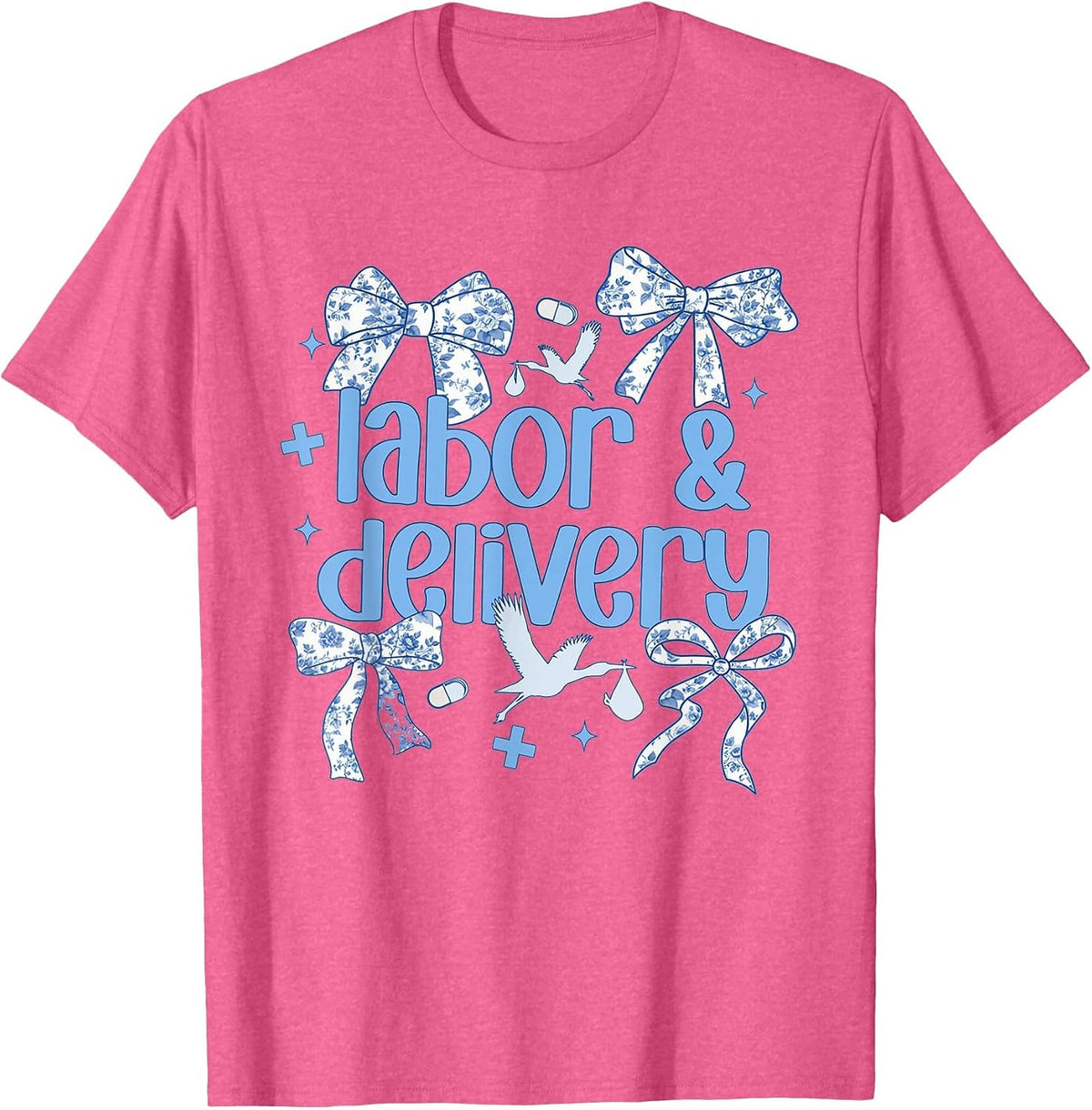 Labor and Delivery Nurse Blue Toile Nurse Stork Squad OB T-Shirt - Pink Heather