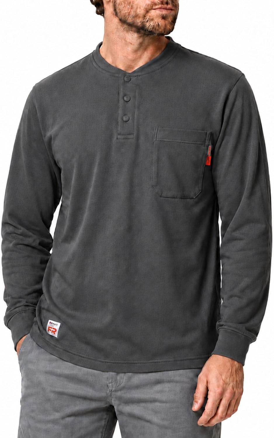 GloWave Men's FR Shirts, 6oz Long Sleeve Flame Resistant Henley Shirts - Dark Grey