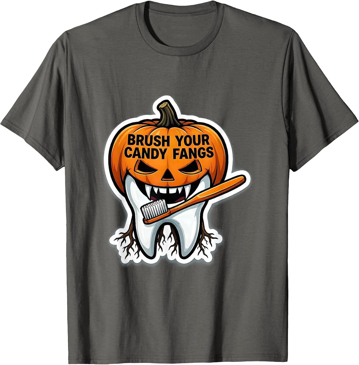 Men's Brush Your Candy Fangs Funny Dentist Halloween Dental Pun T-Shirt - Asphalt Grey