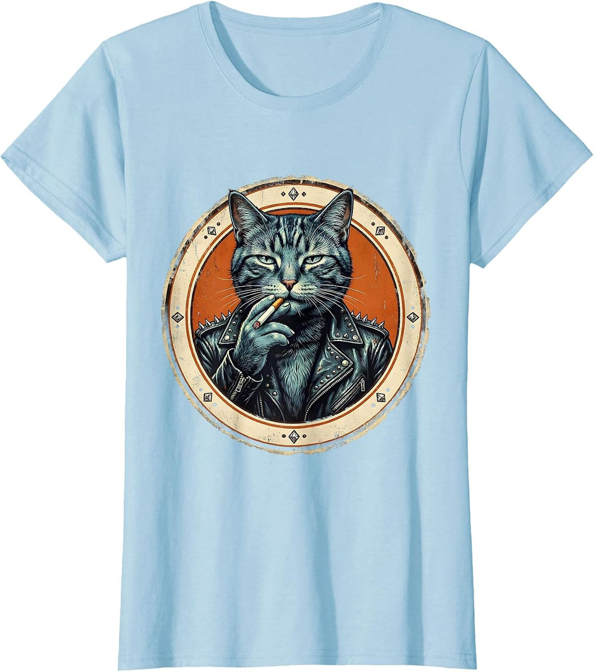 Cool Cat in Leather Jacket Smoking Illustration T-Shirt - Baby Blue