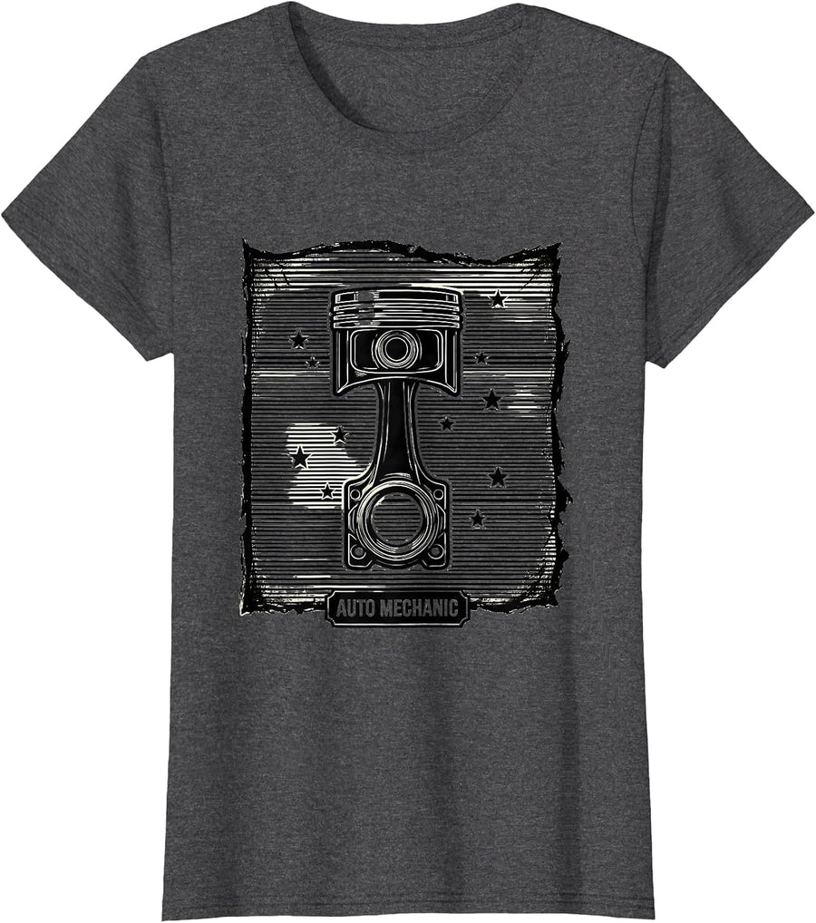 Women's Auto Mechanic Patriotic Flag Line Art Car Mechanic Gift T-Shirt - Dark Heather Grey