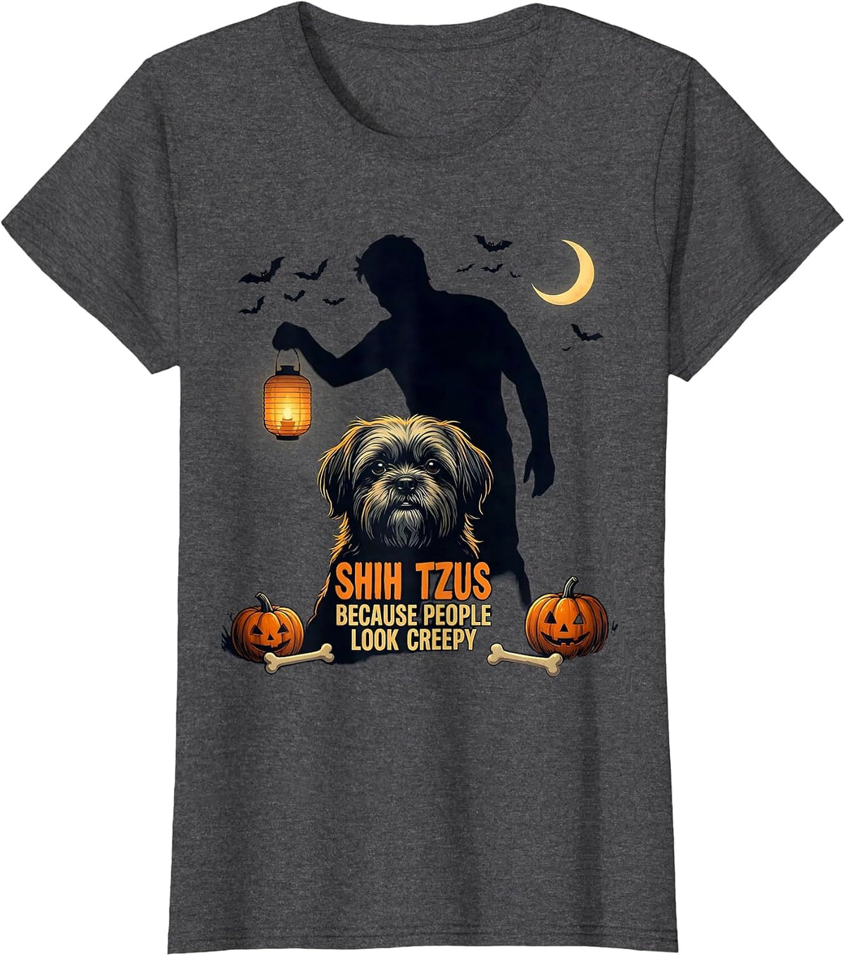 Women's Shih Tzus Because People Look Creepy Funny Halloween Dog T-Shirt - Dark Heather Grey