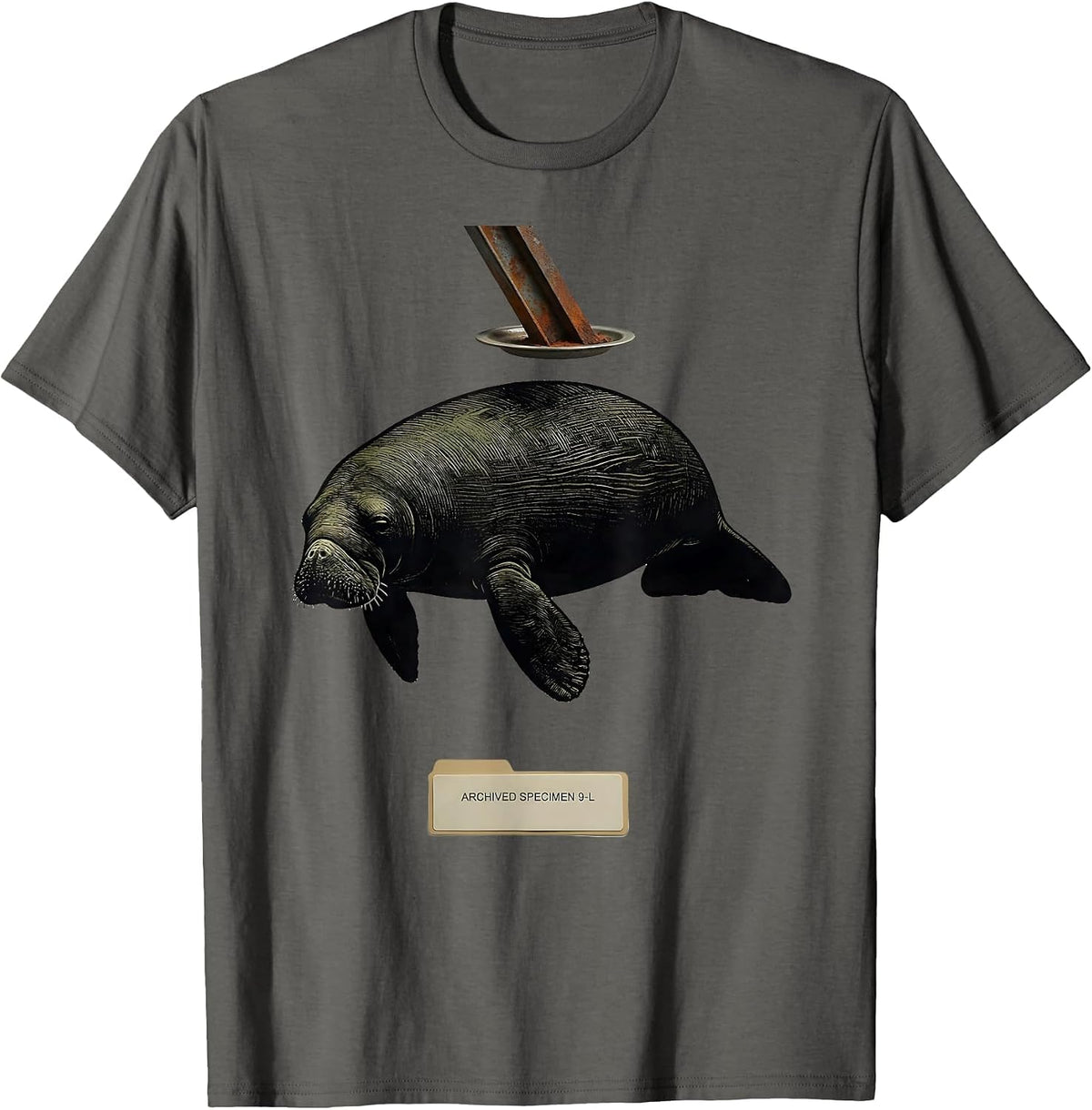 Men's Archived Specimen 9-L Funny Manatee Alien UFO Meme Humor T-Shirt - Asphalt Grey