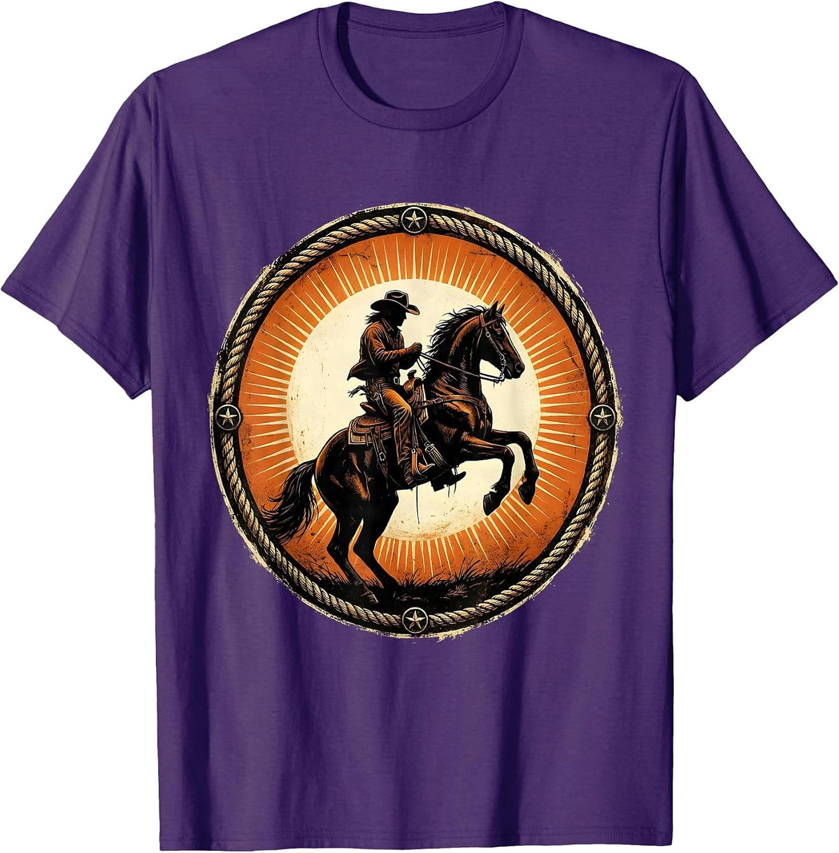 Cowboy on Rearing Horse at Dusk Illustration T-Shirt - Purple