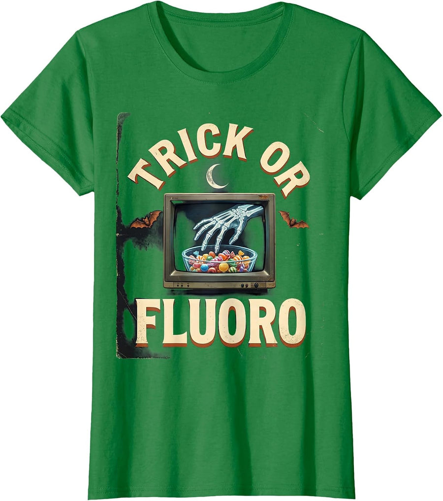 Women's Trick Or Fluoro Vintage Radiology Tech Halloween Humor T-Shirt - Kelly Green