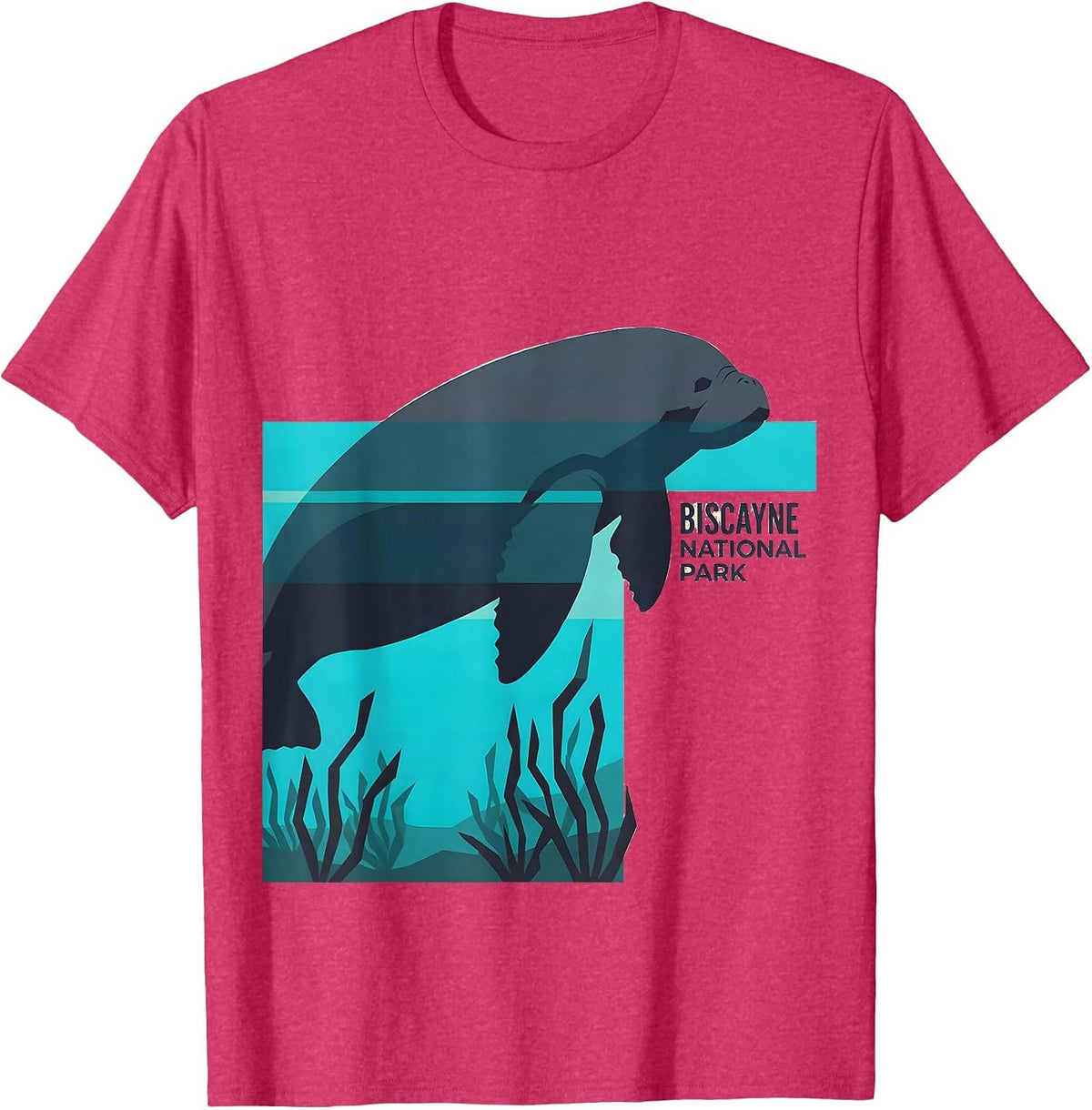 Men's Biscayne National Park Retro Flat Vector Manatee Wildlife T-Shirt - Red Heather