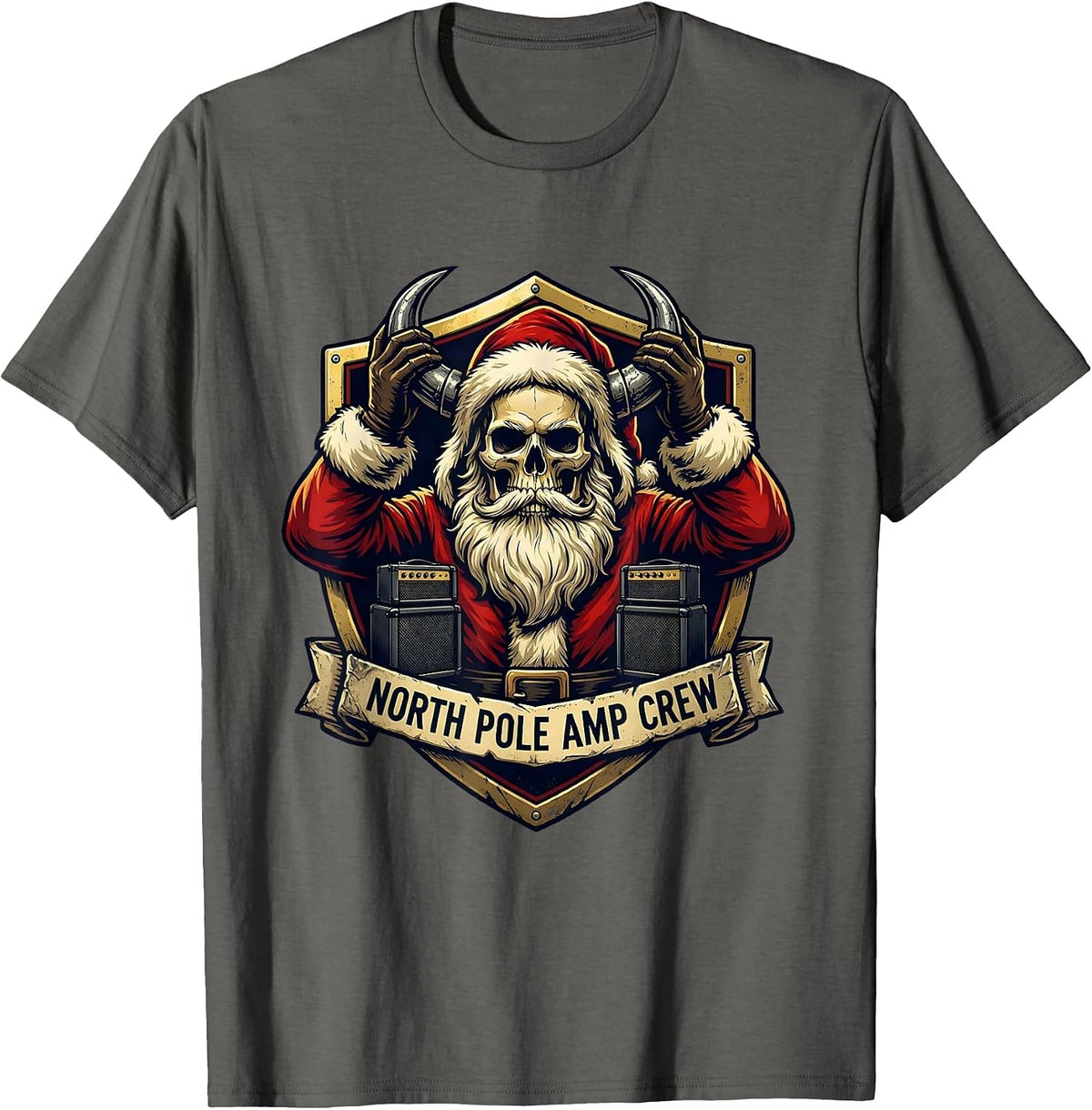 North Pole Amp Crew Emblem Funny Heavy Metal Christmas T-Shirt - Asphalt Grey