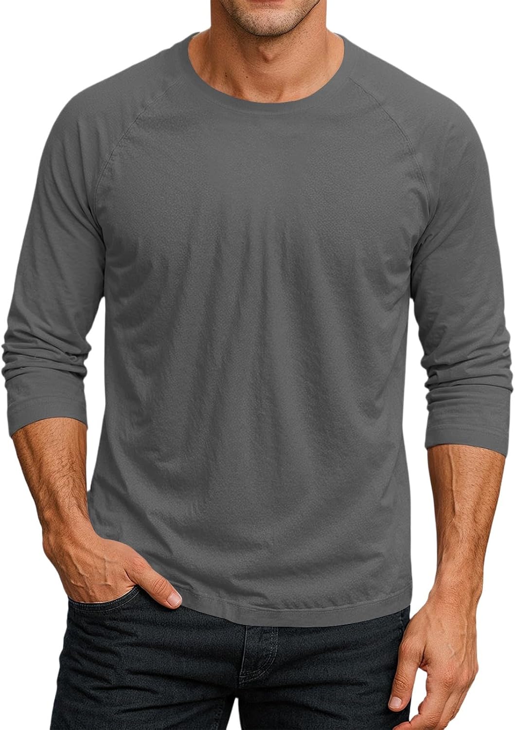 Mens Raglan 3/4 Sleeve Crewneck T-Shirt Solid Casual Fashion Sporty Jersey Baseball Tee Top - 02 Gray