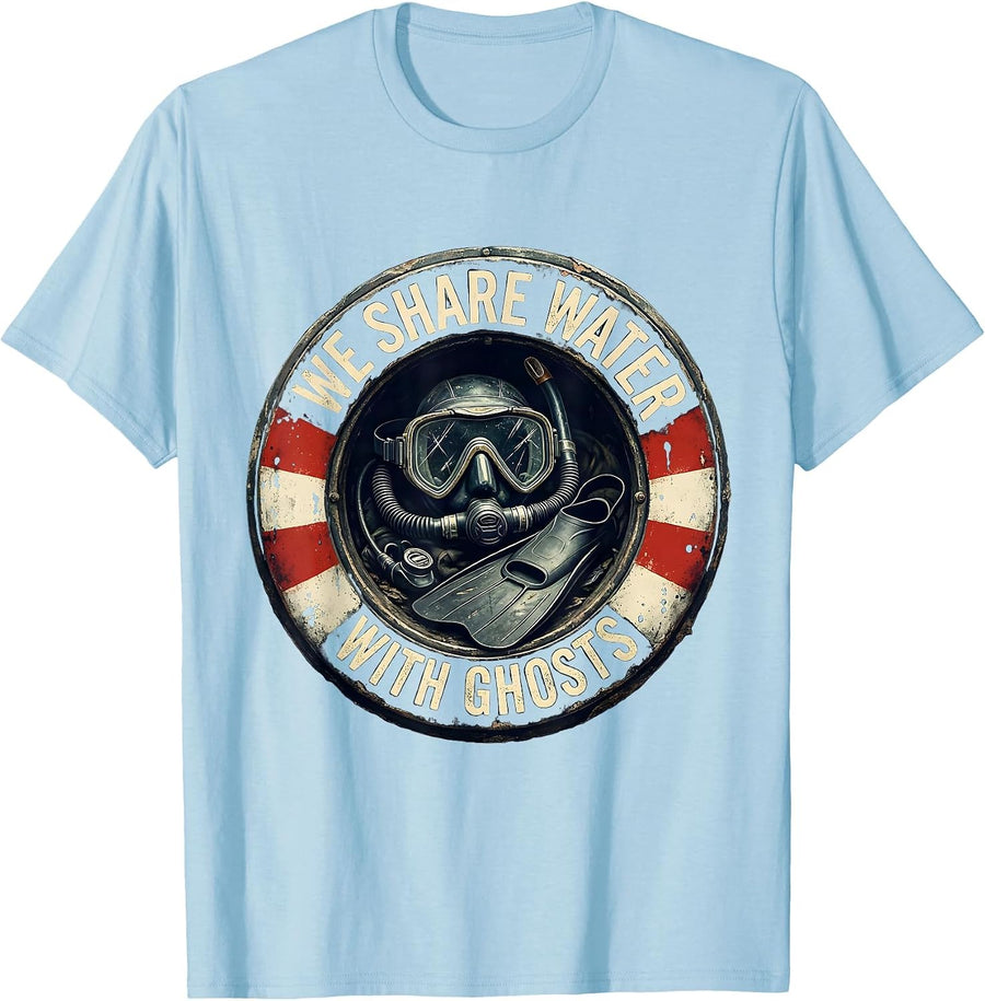 Men's We Share Water With Ghosts Vintage Scuba Diver Humor T-Shirt - Baby Blue