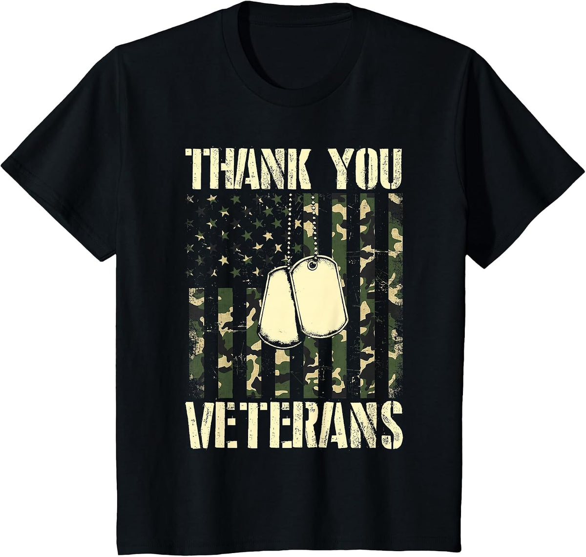 Thank You Veterans Patriotic Dog Tag American Flag Men Women T-Shirt - Black