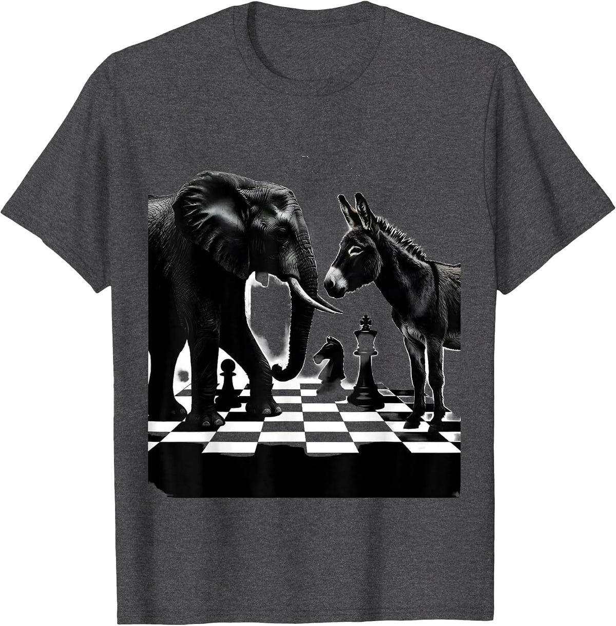 Political Chess Match Elephant vs Donkey Design T-Shirt - Dark Heather Grey