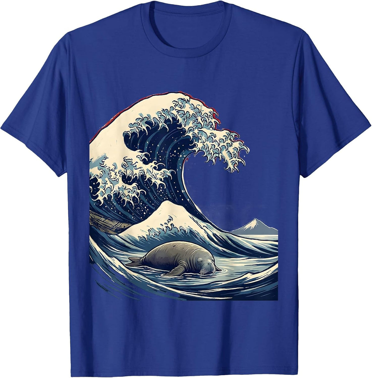 Men's Great Wave Manatee Japanese Art Animal Meme Humor T-Shirt - Royal Blue