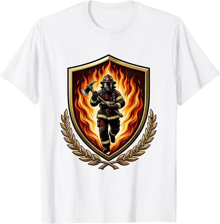 Men's Firefighter Silhouette Emerging From Wall of Flames T-Shirt - White