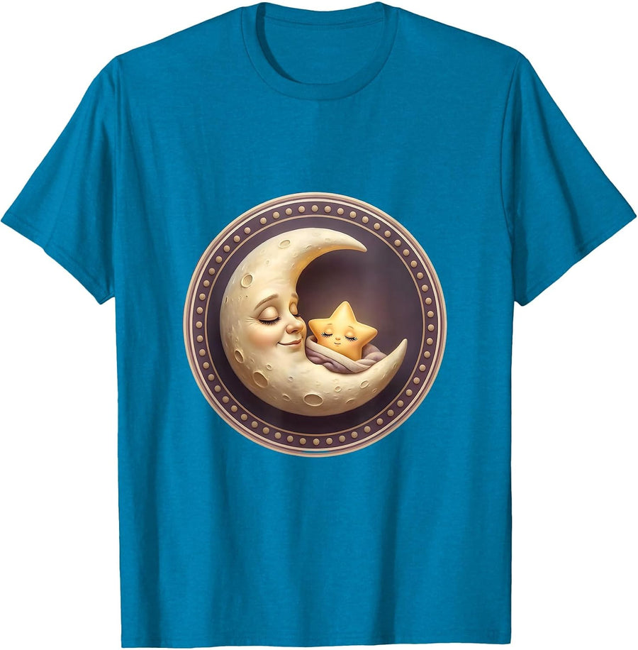 Crescent Moon Tucking In Sleepy Star Cute Design T-Shirt - Sapphire Blue