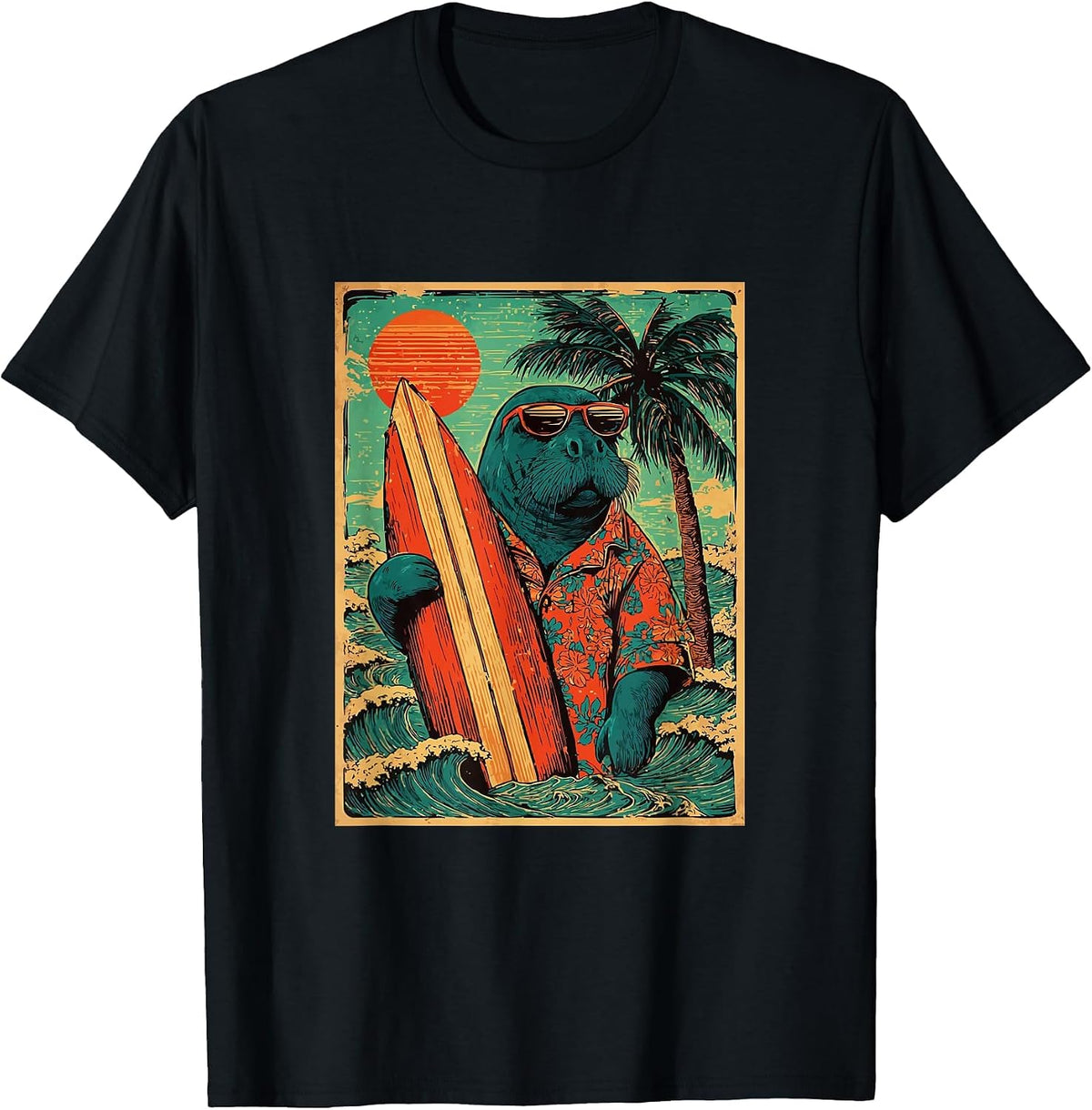 Retro Surfing Manatee Hawaii Vintage Beach Summer Surfer T-Shirt - Black