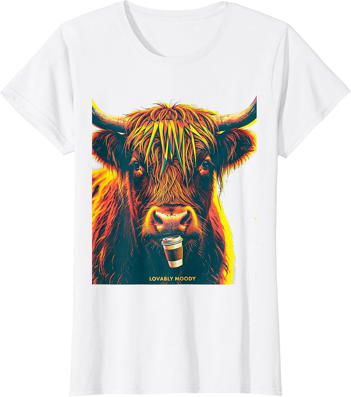 Lovably Moody Highland Cow Funny Cute Coffee Lover Graphic T-Shirt - White