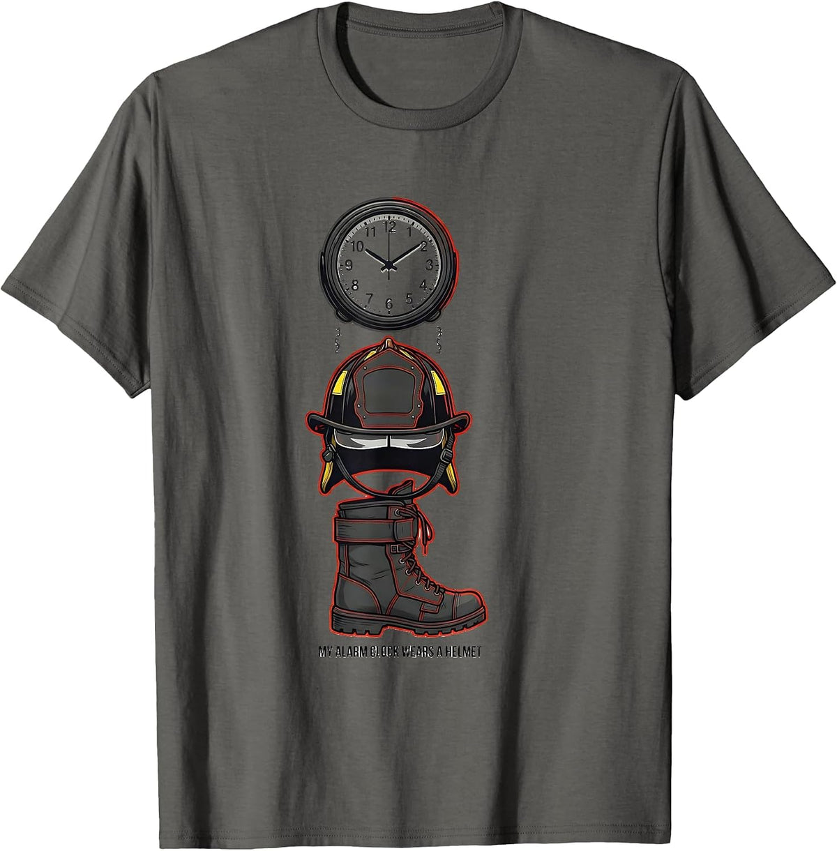 Men's My Alarm Clock Wears A Helmet Funny Firefighter Humor T-Shirt - Asphalt Grey