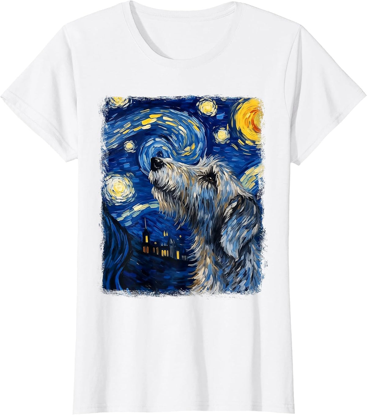 Irish Wolfhound Dog Starry Night Painting T-Shirt - White