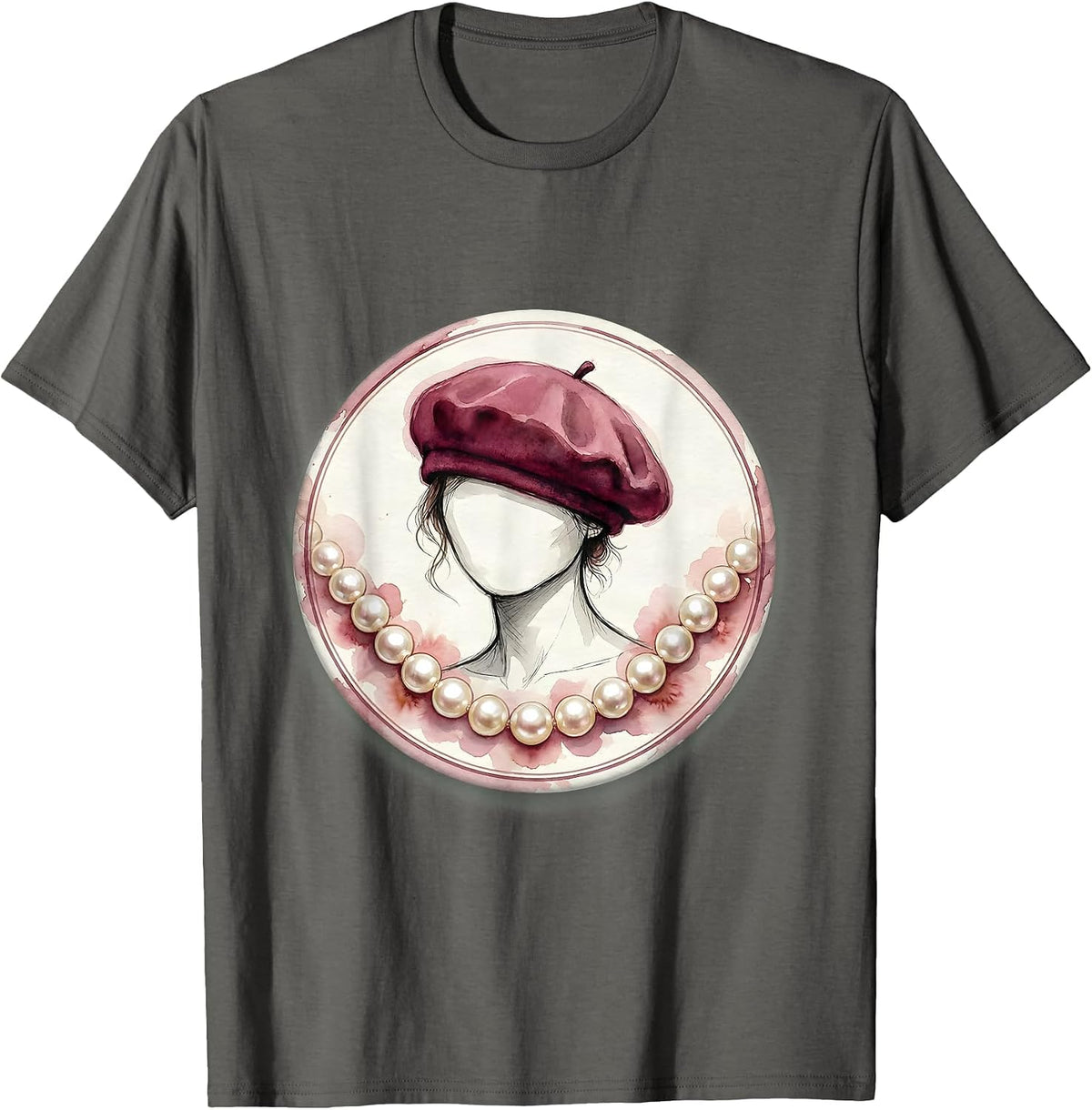 Gigi Chic Beret and Pearl Necklace Illustration T-Shirt - Asphalt Grey
