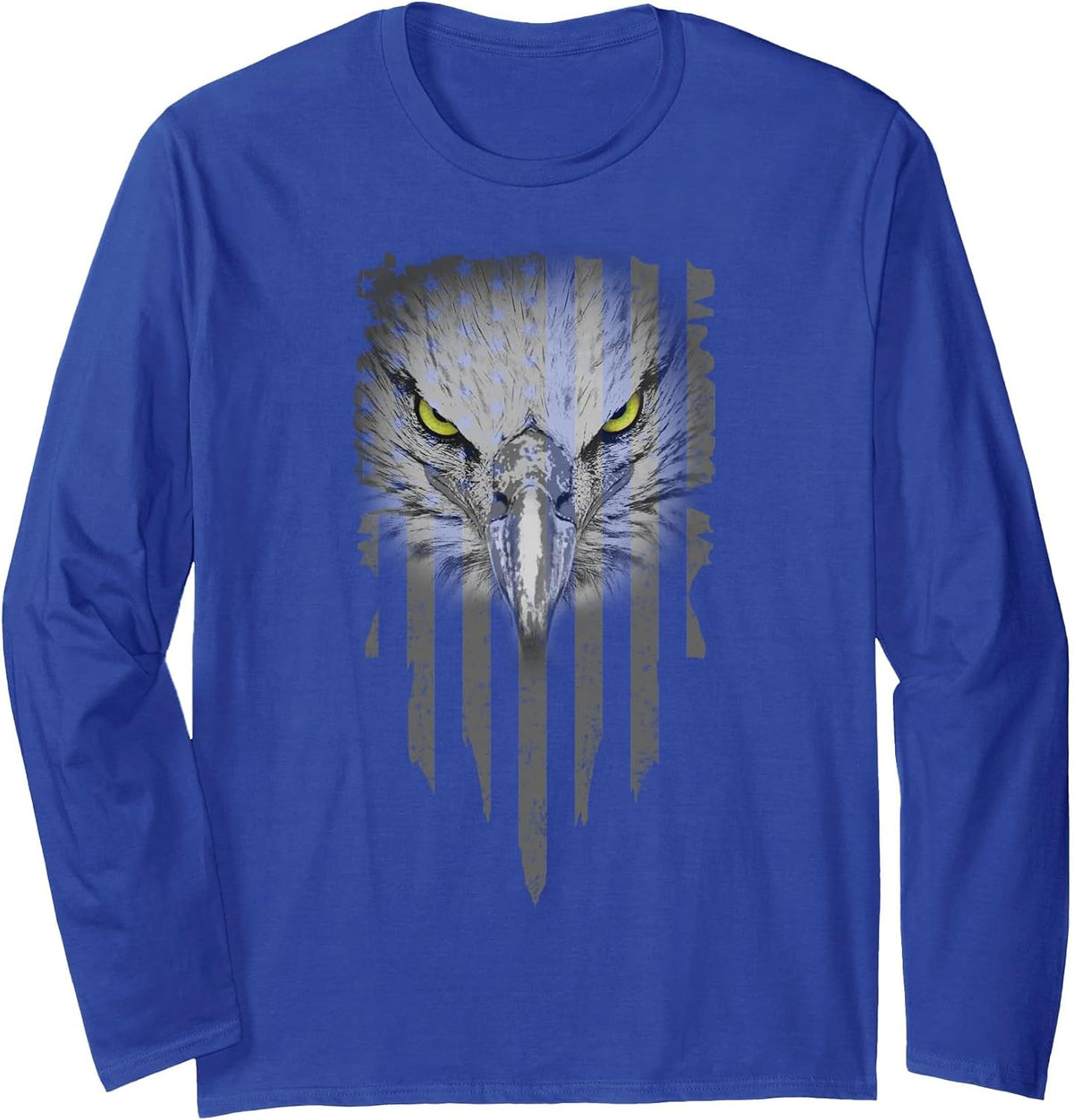 American Bald Eagle Eyes Design USA Flag Patriotic Long Sleeve T-Shirt - Adult Unisex Royal Blue