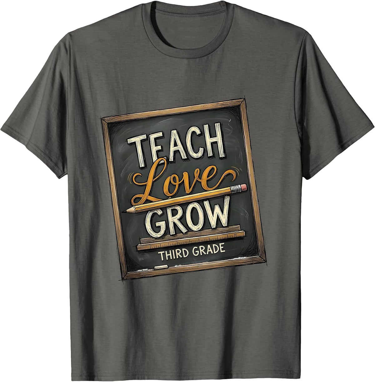 Teach Love Grow Third Grade Hand-Sketched Teacher Back T-Shirt - Asphalt Grey