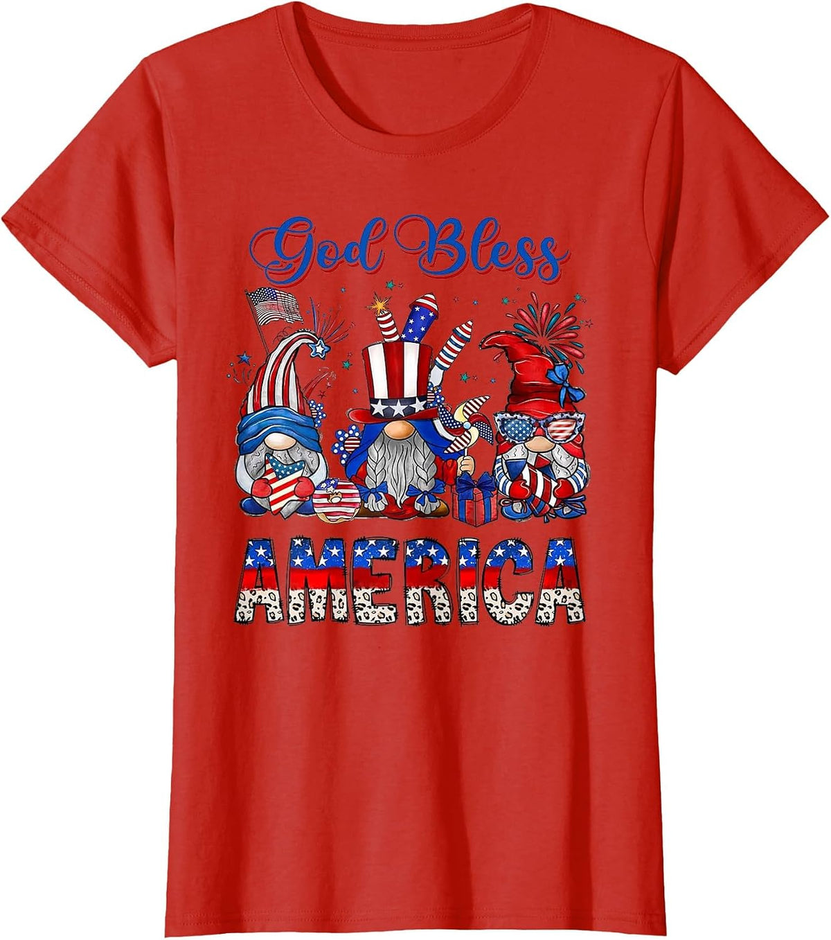 God Bless America Gnomes American Flag 4th of July Patriotic T-Shirt - Red