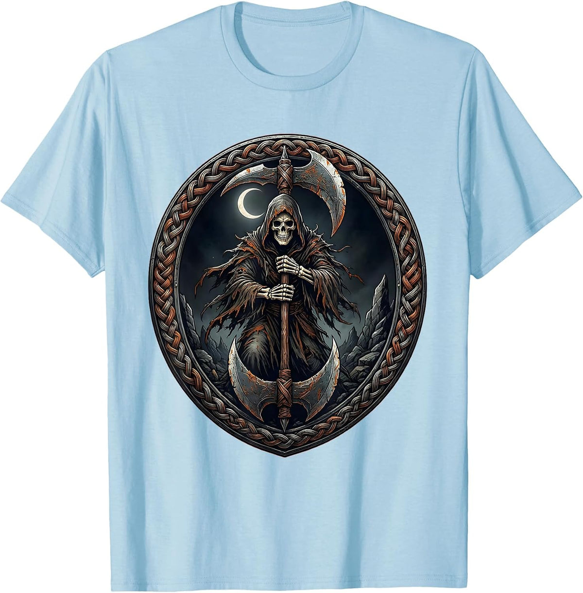 Men's Heavy Metal Grim Reaper Double-Bladed Battle Axe T-Shirt - Baby Blue