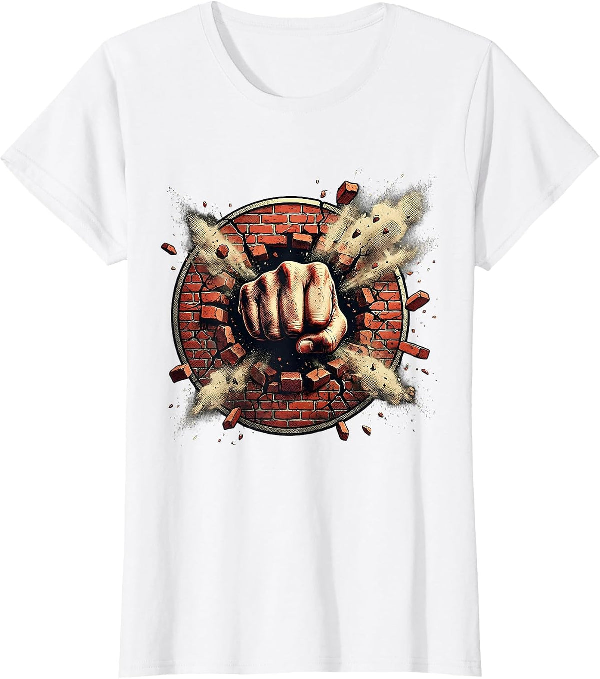 Grunge Fist Through Brick Wall Graphic Tee T-Shirt - White