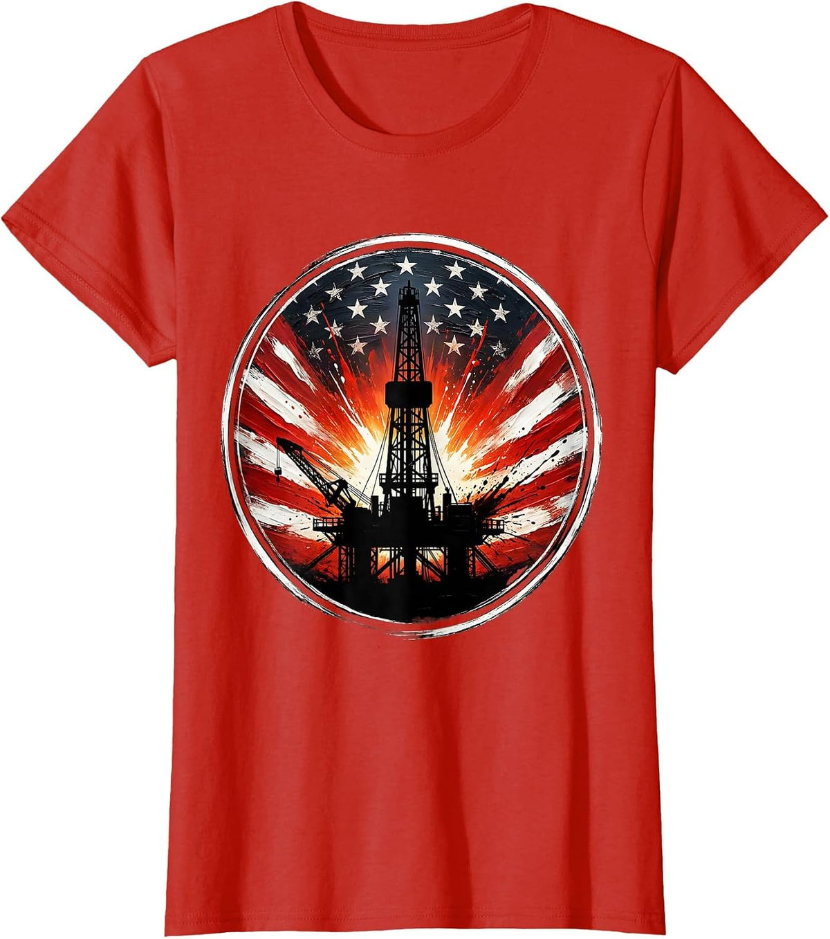 Women's Oil Rig Sunset Silhouette Graphic Design T-Shirt - Red